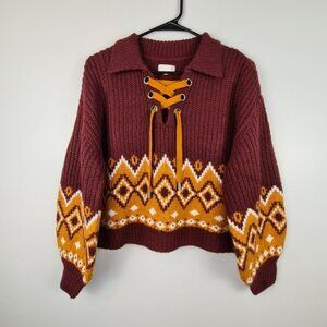 SO Juniors Burgundy Cropped Sweater Large Balloon Sleeves Aztec Tribal Oversized